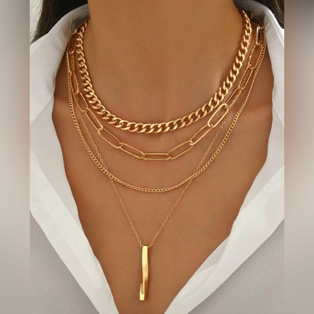 Gold Layered Link Necklace Set - Women Jewelry